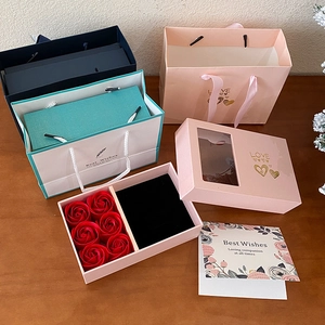 Jewelry Gift Box Set With Artificial Soap Roses Paper Window Gift Case Tote Bag Greeting Card For Necklace Earring Gift