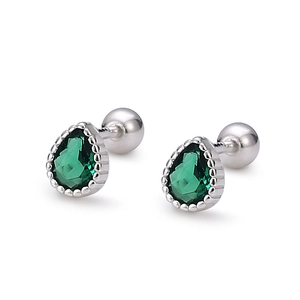 Minimalist S999 sterling silver teardrop studs with green zircon and screw backs