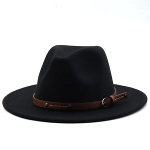 Detailed view of black wool fedora featuring a brown leather band with metal rivets