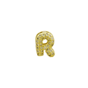 Detailed view of pavé set crystal bubble letter R pendant in polished gold finish