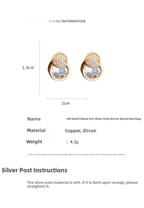 Detail view of round cubic zirconia earrings showing 1.3cm height and 18K gold plated base