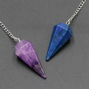 Natural amethyst and lapis lazuli hexagonal prism pendants with silver metal chain