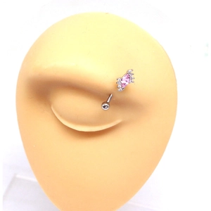 Detail shot of a silver eyebrow ring with pink marquise zircon on a silicone model