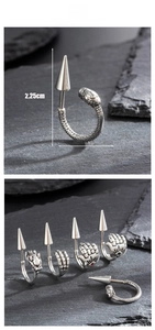 Detailed view of punk style earrings featuring dragon and skull designs with measurements
