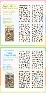 Detail showing PET waterproof sticker sets in food and travel themes with dimensions