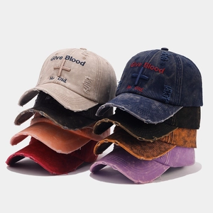 Vintage washed cotton baseball caps with distressed embroidery in seven assorted colors