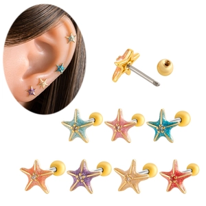 Starfish Ear Cartilage Stud Earring Stainless Steel Bar Copper Enamel Screw Ball Back Piercing Jewelry For Women