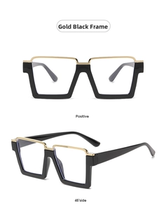 Front and 45-degree side views of square gold-black frame anti-blue light glasses
