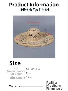 Size chart for wide brim raffia sun hat showing 15cm brim and 54-58.5cm circumference