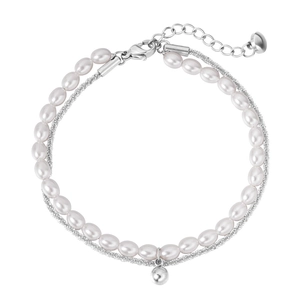 Double-layer pearl bracelet with silver chain and adjustable lobster clasp for women