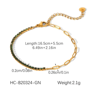 Detail view of gold chain bracelet with green zircon accents and sizing measurements