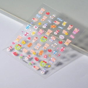 Cute 3D puffy nail stickers featuring cartoon bears, snowmen and floral patterns