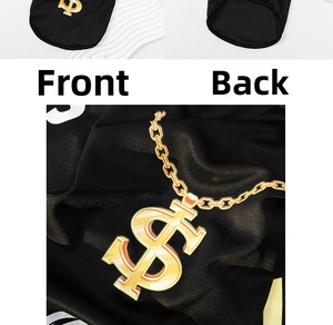 Detailed front and back views of black hip-hop pet vest with gold dollar sign print