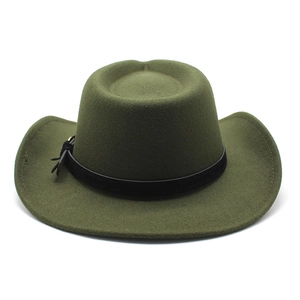 Dark green wool felt western cowboy hat with wide brim and leather tassel buckle band