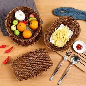 Brown faux rattan weaving storage basket in round and oval shapes for food serving