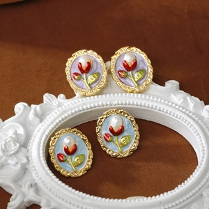 French Vintage Baroque Freshwater Pearl Stud Earrings 18K Gold Plated Enamel Tulip Flower 925 Sterling Silver Post Women