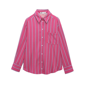 Women Long Sleeve Striped Shirt Rose Pink Vertical Pattern Lapel Collar Button Down Loose Fit Casual Blouse With Pocket