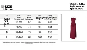 Detailed size chart with measurements for the backless slit evening maxi dress