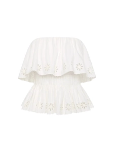 White off-shoulder midi dress with tiered ruffles and intricate hollow embroidery