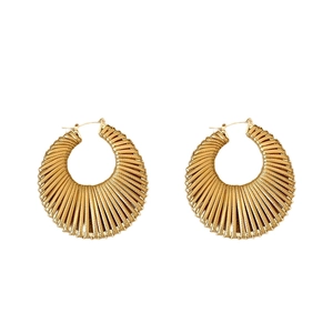 Chic hollow circular gold hoop earrings with textured radial lines and metallic finish
