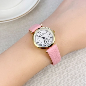 Classic women's quartz watch with gold case, pink leather strap and Roman numerals dial