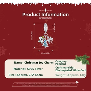 Detail of S925 sterling silver Christmas tree charm with dimensions and festive elements
