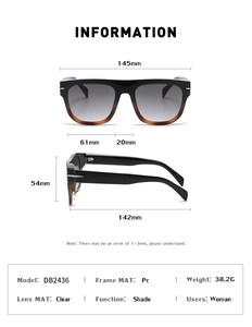 Detailed size specifications and measurements of oversized square sunglasses with PC frame