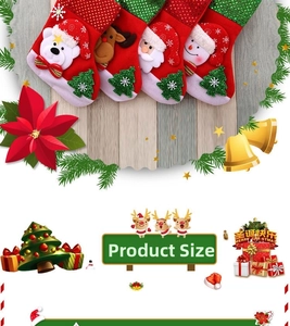 Detail of Christmas stocking ornaments featuring Santa, reindeer, and sequin accents