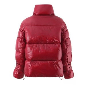 Glossy bright red stand collar puffer jacket for women with padded design back view