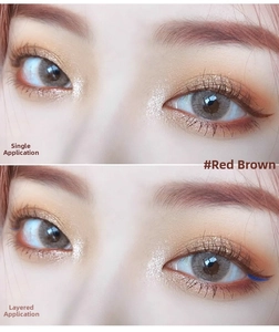 Macro comparison showing red-brown eyeliner application in single and layered pearlescent effects