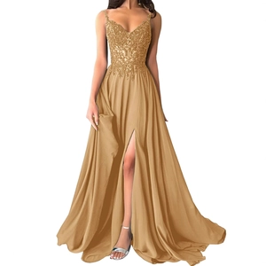 Elegant champagne gold lace evening gown with sequins and high slit detail