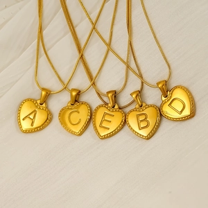 Golden 18K gold plated heart initial necklaces with A-E embossed letters and snake chains