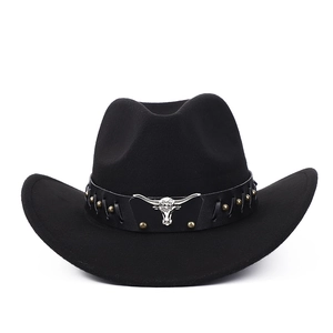 Chapeau De Cowboy Occidental Large Bord Feutre Polyester Fedora Avec Ceinture En Cuir Tête De Taureau Style Rétro