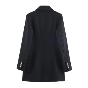 Rear view of elegant black wool-blend coat with minimalist design and sleek finish