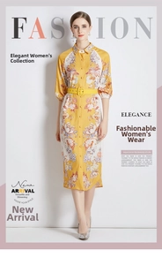 Detail of yellow floral dress with collared neck and matching wide yellow waist belt