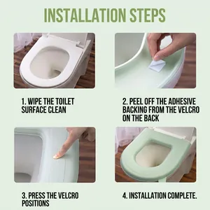 Waterproof EVA toilet seat cushion with handle showing a four-step easy installation guide