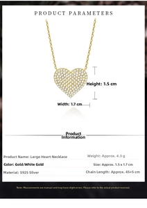 Detailed technical diagram showing 925 silver heart pendant size and necklace length