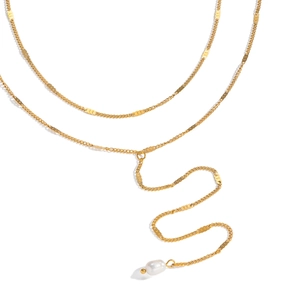 Detailed view of golden double-layer Y-shaped necklace with irregular white pearl pendant