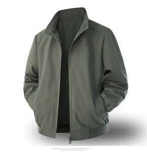 Detail of olive green casual jacket featuring ribbed collar, cuffs and smooth zipper closure