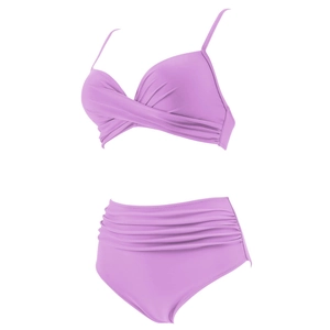 Detail of lavender high-waisted bikini set with cross-knot top and ruched swim bottoms