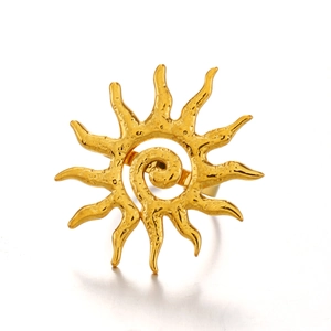 18K gold plated stainless steel sun ring with hammered texture and spiral center design