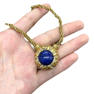 Vintage gold-plated copper sweater chain with lapis lazuli and sparkling crystals
