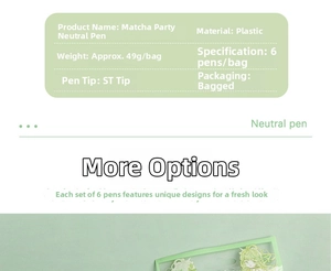 Detailed specifications table for 6-pack matcha themed gel pens with quick-dry ST nibs