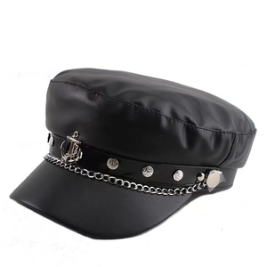 Classic black PU leather navy cap with metal chain and anchor badge for women