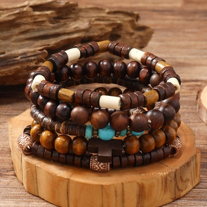 Handmade Wood Beads Coconut Shell And Turquoise Colored Beads Bracelet With Cross Pendant Vintage Ethnic Style
