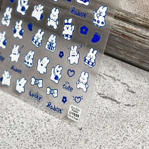 Cute cartoon bunny nail stickers with heart and flower patterns for DIY manicure decoration