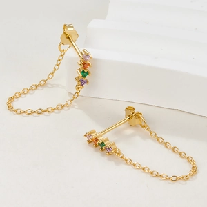 Elegant S925 sterling silver drop earrings with colorful zircons and long tassel chain