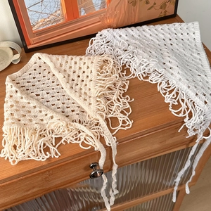 Handmade crochet fringe triangle hair scarf in white and beige with hollow knit pattern