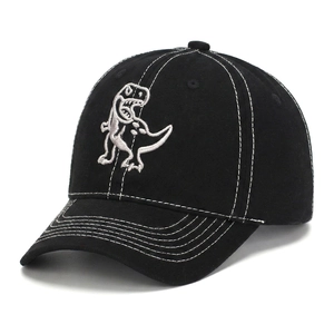Close-up of black cotton kids baseball cap featuring white T-Rex embroidery and contrast stitching