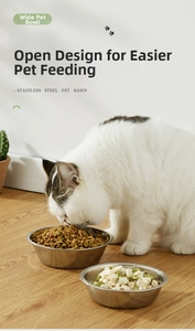 Close-up of stainless steel pet basin with open design for cats and dogs eating food